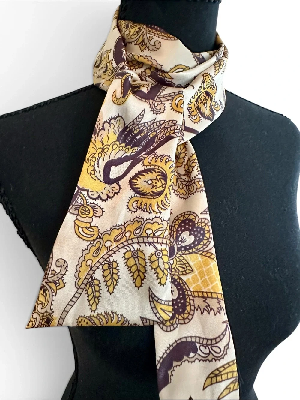 Silky Paisley Bow Neck Scarf - Cream & Gold